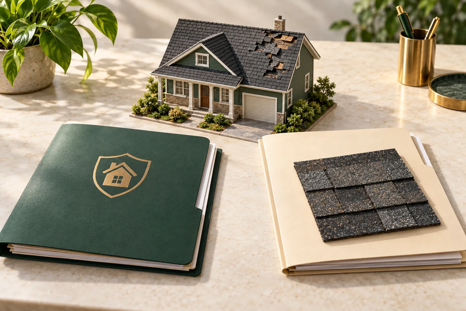 Illustration of a damaged roof model beside separate insurance and roof-material folders