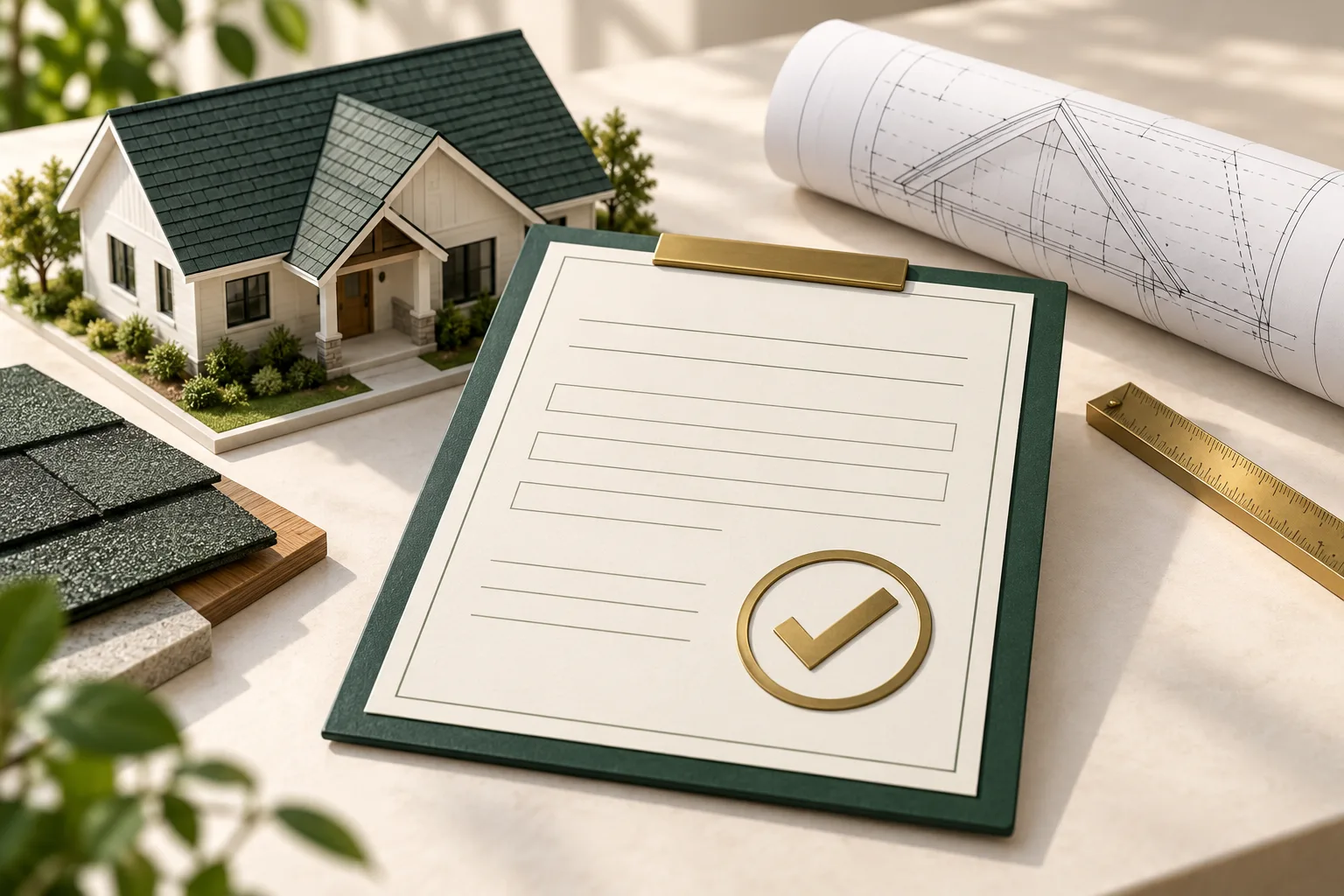 Illustration of a house roof model, blank approval document and roof drawing