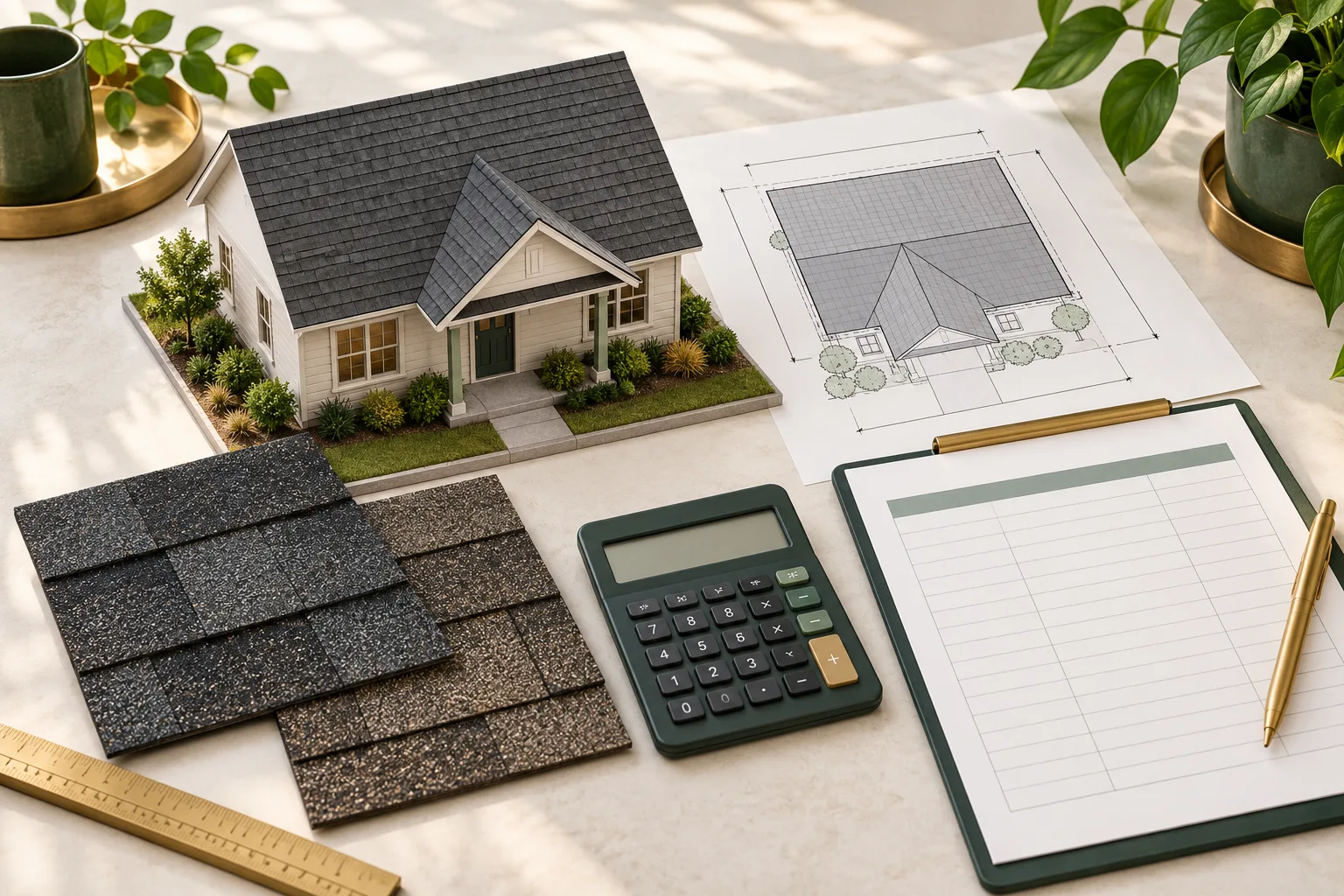 Illustration of a house roof model, shingle samples, calculator and blank budget worksheet