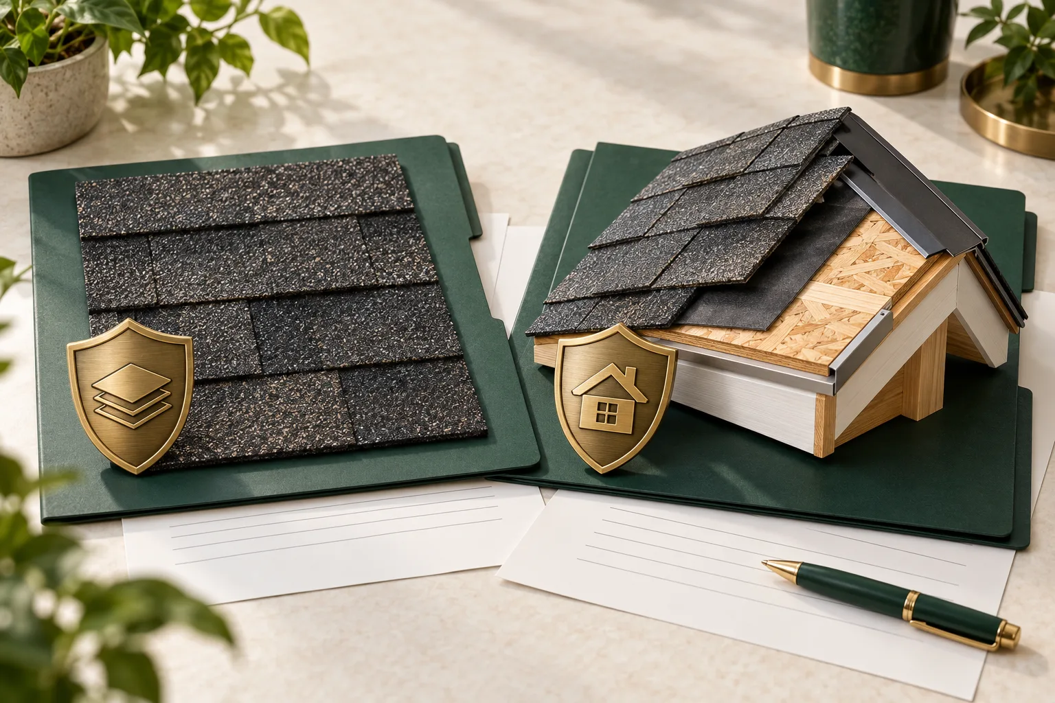 Illustration of separate shingle material and assembled roof models with protection symbols